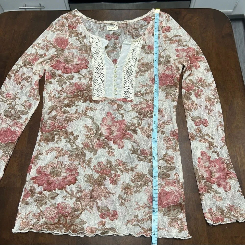 Denim & Supply Ralph Lauren Pink Floral Lace Henley Blouse Y2K Top Size L - Picture 10 of 15